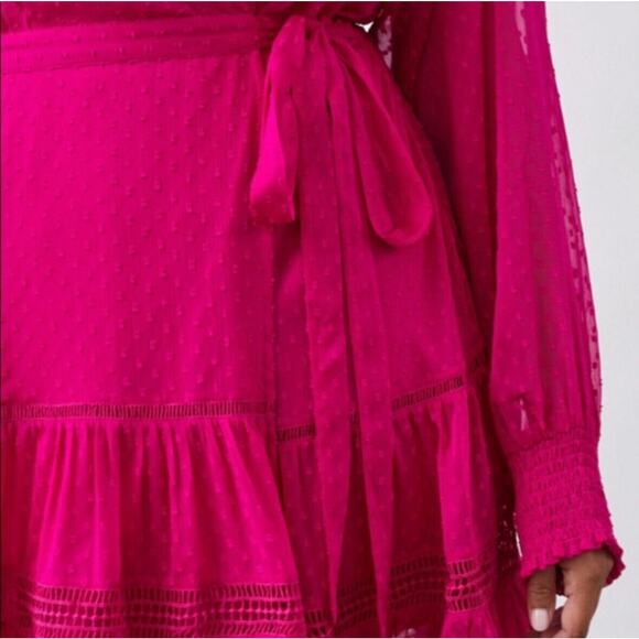 Not So Serious Anthro Swiss Dot Smocked Cuffs Wrap Mini Dress Pink Women XL NWT - Picture 3 of 12